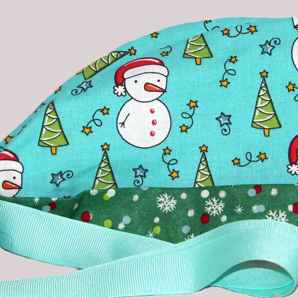 Womens Ponytail Scrub Cap Frost Friends Snowman - Handmade - Picture 5 of 7